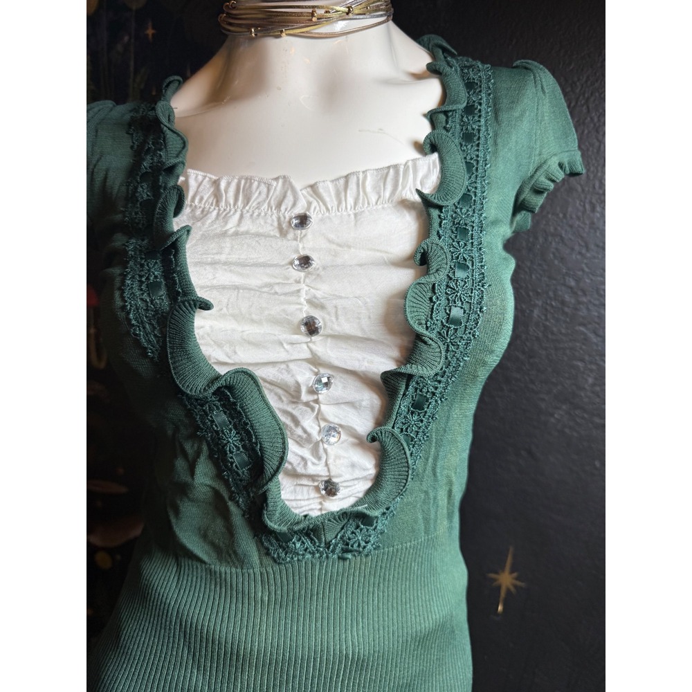 Bekka Fashion Green Ruffle Lace Trim Short Sleeve Sweater Top NWT Size L